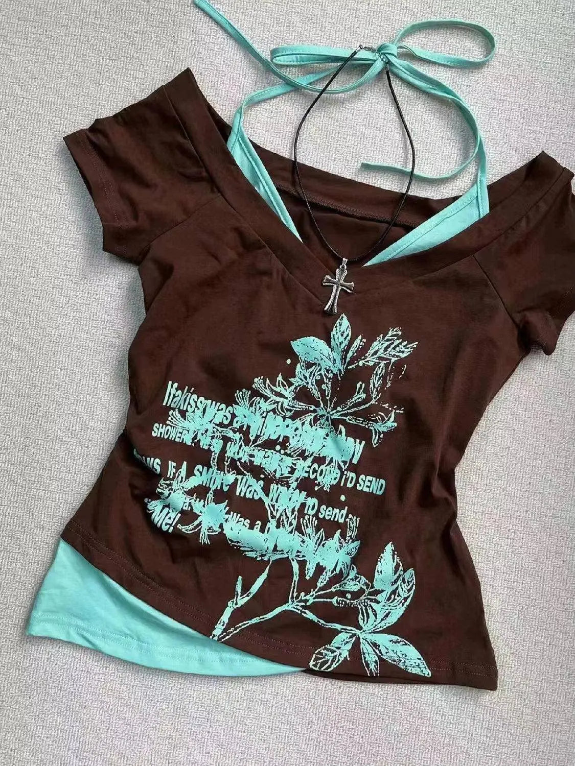 Hot American Strappy Letter Print T-Shirt Millennial Fashion Street Trend Casual Y2K Top 5 - Tophatter Daily Deals