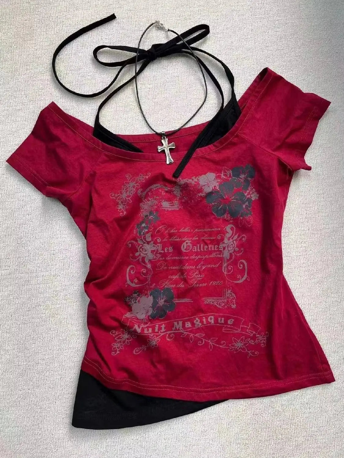 Hot American Strappy Letter Print T-Shirt Millennial Fashion Street Trend Casual Y2K Top 2 - Tophatter Daily Deals