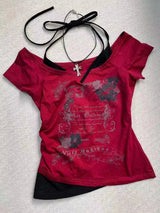 Hot American Strappy Letter Print T-Shirt Millennial Fashion Street Trend Casual Y2K Top 2 - Tophatter Daily Deals