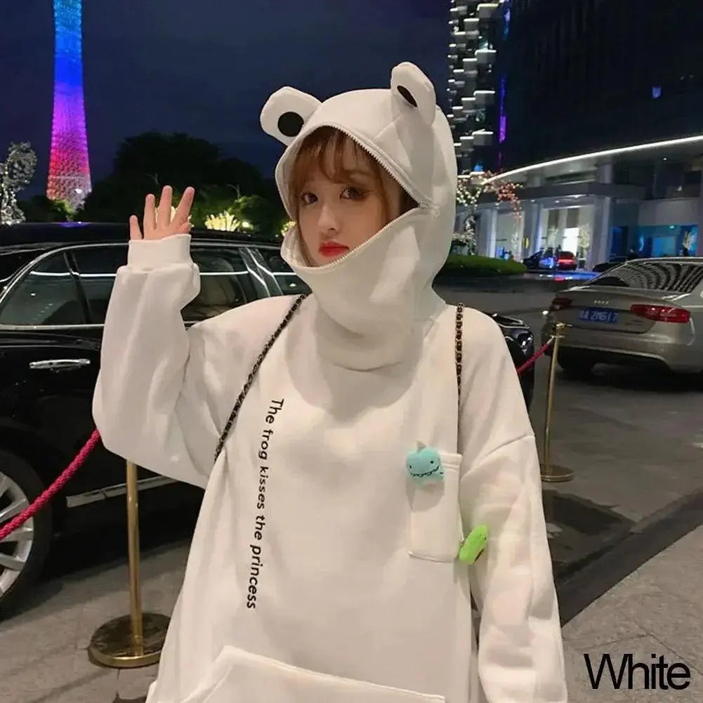 Hot Fashion Women Hoodie Frog Pullover Winter Sense Hooded Casual Sweatshirt Autumn Embroidery Loose Top Doll Decoration Hoodies WHITE - Tophatter Daily Deals
