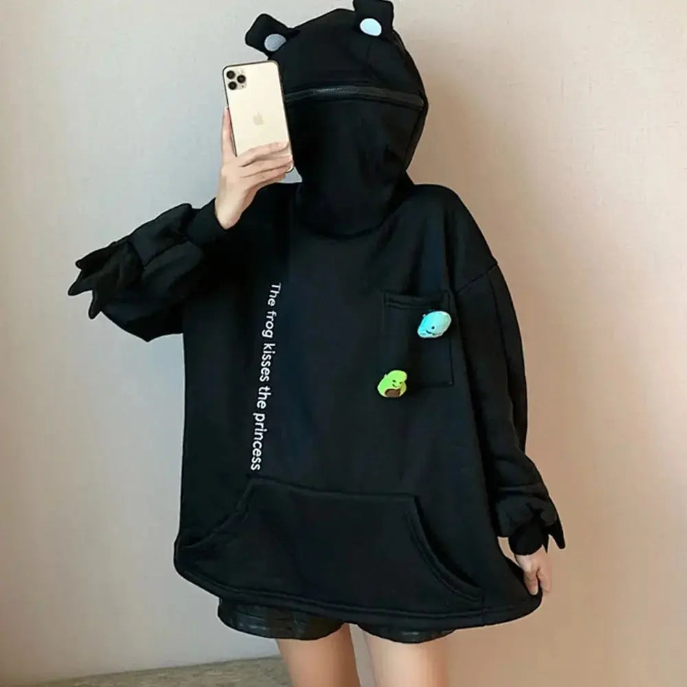 Hot Fashion Women Hoodie Frog Pullover Winter Sense Hooded Casual Sweatshirt Autumn Embroidery Loose Top Doll Decoration Hoodies - Tophatter Daily Deals