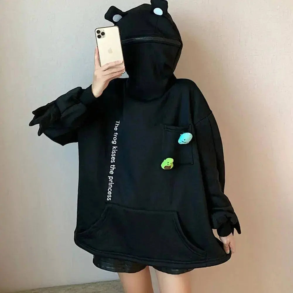 Hot Fashion Women Hoodie Frog Pullover Winter Sense Hooded Casual Sweatshirt Autumn Embroidery Loose Top Doll Decoration Hoodies - Tophatter Daily Deals