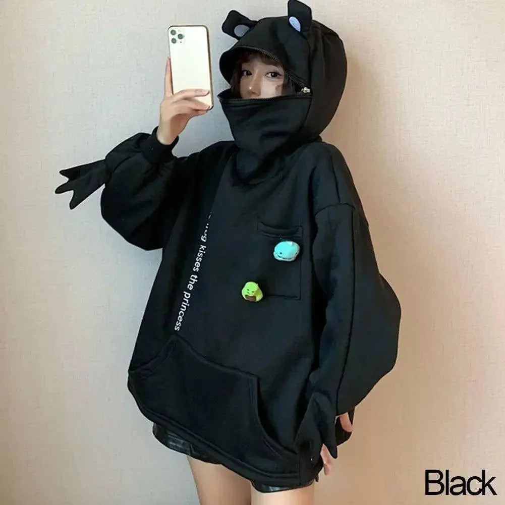 Hot Fashion Women Hoodie Frog Pullover Winter Sense Hooded Casual Sweatshirt Autumn Embroidery Loose Top Doll Decoration Hoodies black - Tophatter Daily Deals
