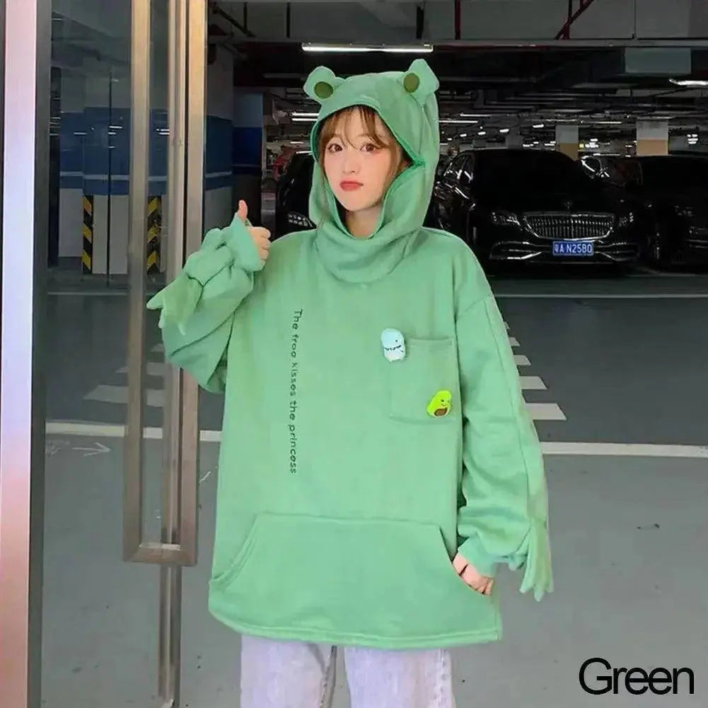 Hot Fashion Women Hoodie Frog Pullover Winter Sense Hooded Casual Sweatshirt Autumn Embroidery Loose Top Doll Decoration Hoodies green - Tophatter Daily Deals