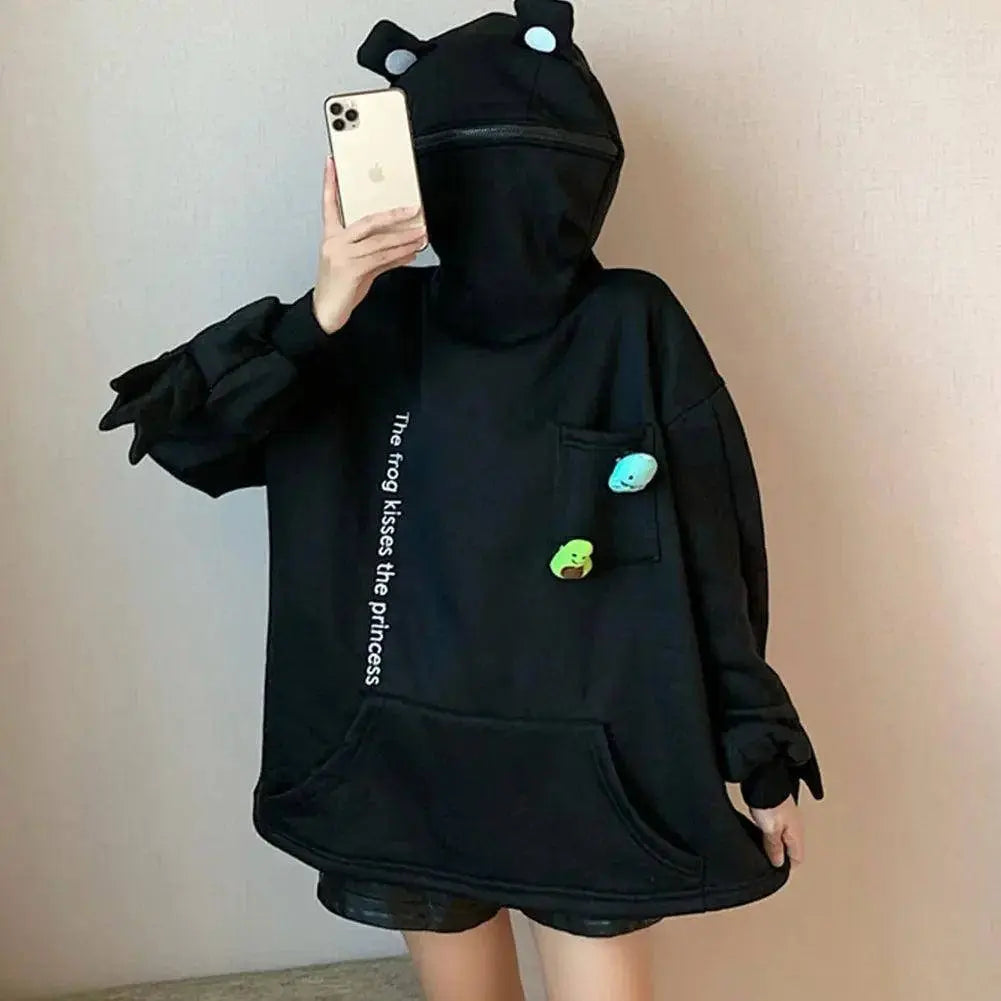 Hot Fashion Women Hoodie Frog Pullover Winter Sense Hooded Casual Sweatshirt Autumn Embroidery Loose Top Doll Decoration Hoodies - Tophatter Daily Deals