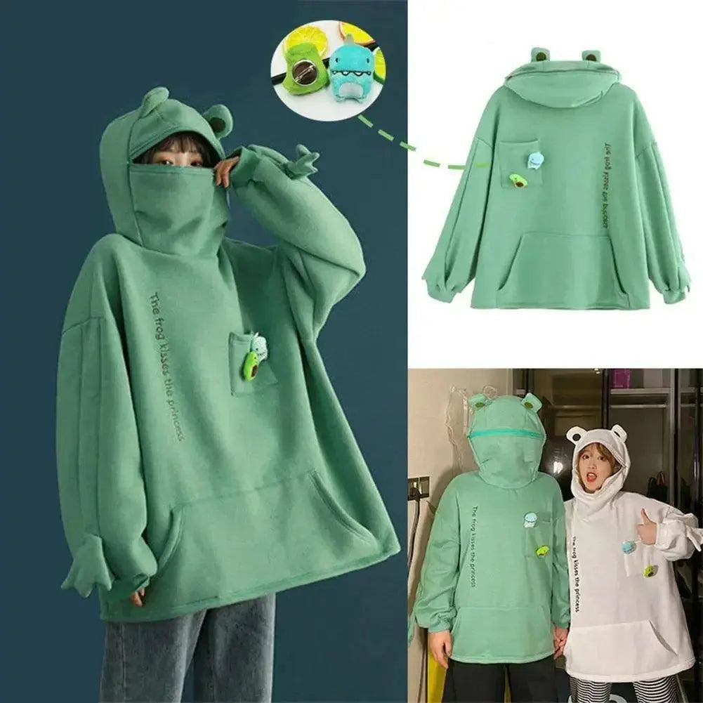 Hot Fashion Women Hoodie Frog Pullover Winter Sense Hooded Casual Sweatshirt Autumn Embroidery Loose Top Doll Decoration Hoodies - Tophatter Daily Deals