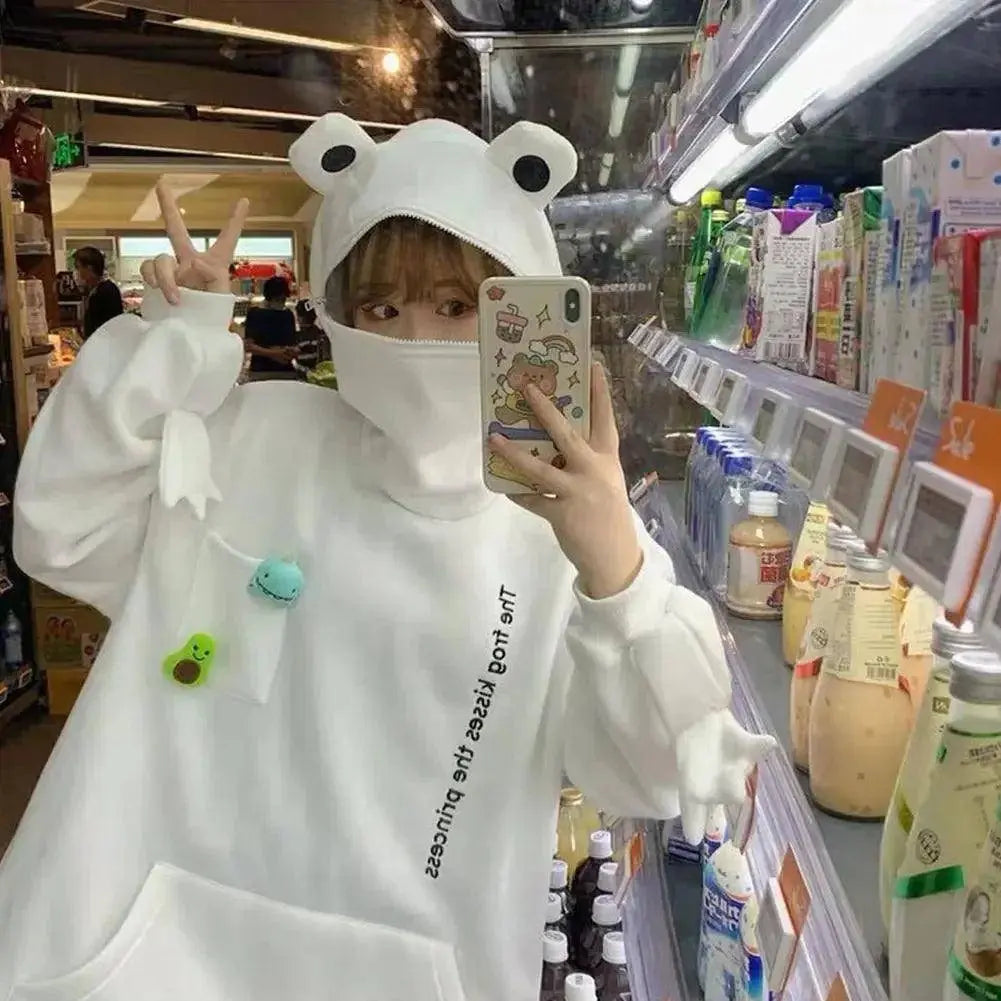 Hot Fashion Women Hoodie Frog Pullover Winter Sense Hooded Casual Sweatshirt Autumn Embroidery Loose Top Doll Decoration Hoodies - Tophatter Daily Deals
