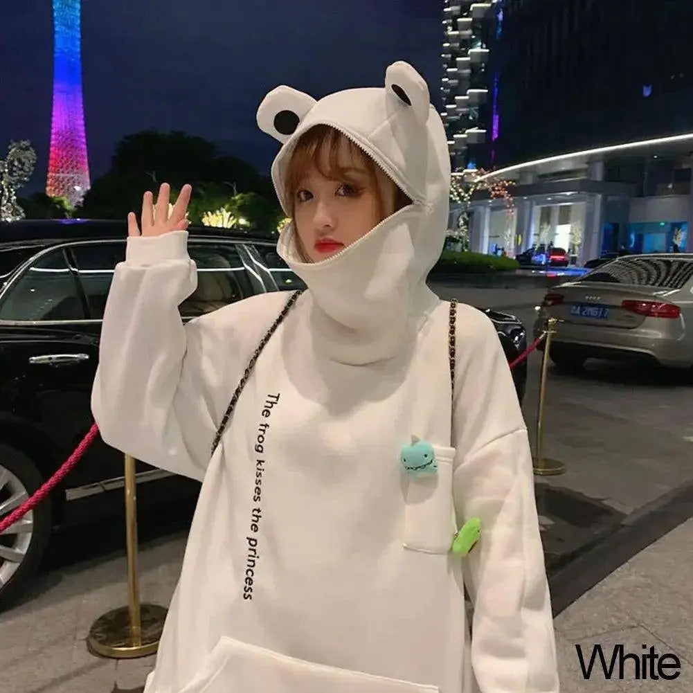 Hot Fashion Women Hoodie Frog Pullover Winter Sense Hooded Casual Sweatshirt Autumn Embroidery Loose Top Doll Decoration Hoodies - Tophatter Daily Deals