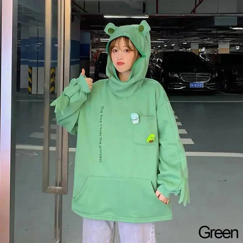 Hot Fashion Women Hoodie Frog Pullover Winter Sense Hooded Casual Sweatshirt Autumn Embroidery Loose Top Doll Decoration Hoodies - Tophatter Daily Deals