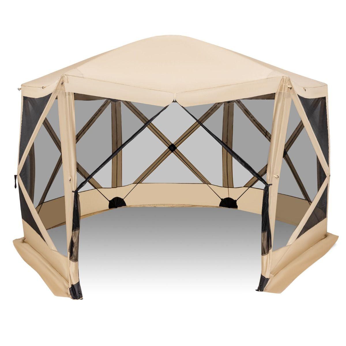 Family Camping Tent - 6-Sided Camping Gazebo Instant Setup Hub Tent with Portable Carrying Bag Brown Camping Tent - Tophatter Daily Deals