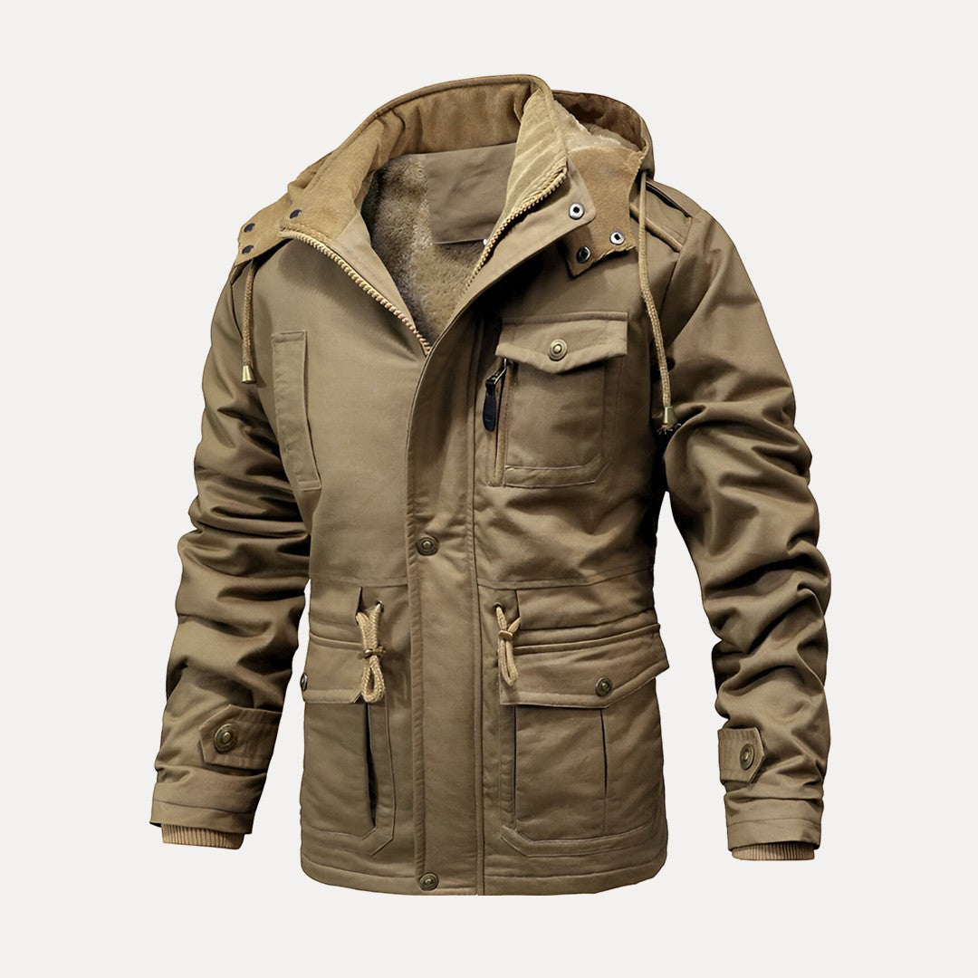 Warm Structured Mens Utility Jacket - Hooded Hip, For Winter Khaki - Tophatter Daily Deals