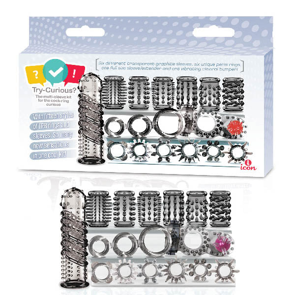 Try-Curious Cock Ring and Sleeve Set Clear – 15 Piece TPR Cock Ring and Sleeve Kit > Cock Ring > Sets - Tophatter Daily Deals
