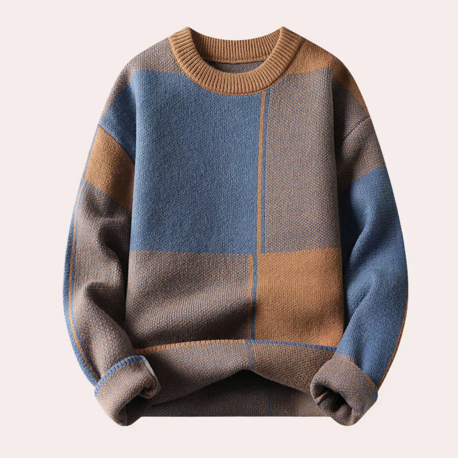 Warm Men’s Sweater - Oversized Check Crewneck, Cotton Khaki - Tophatter Daily Deals