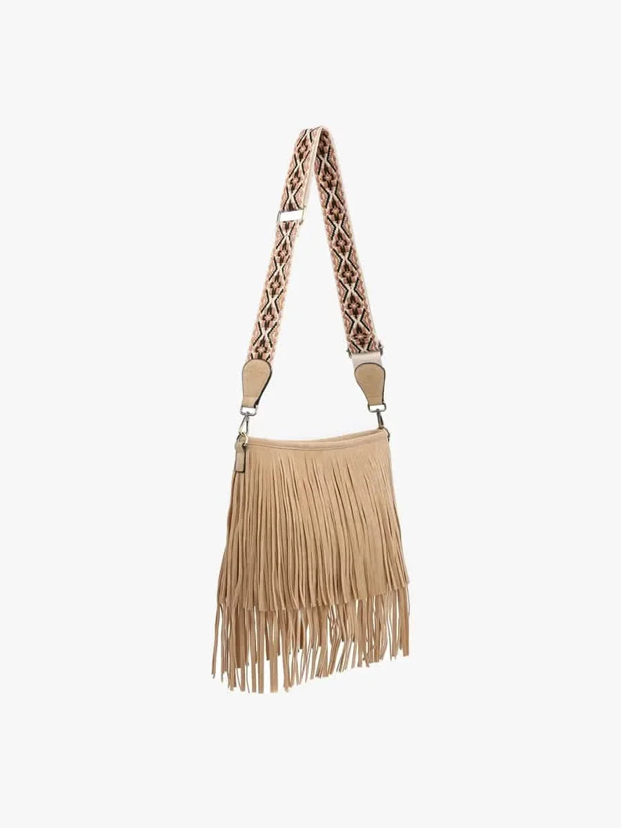 Sadie Light Brown Suede Fringe Crossbody w/ Guitar Strap Purse Handbags & Wallets - Tophatter Daily Deals