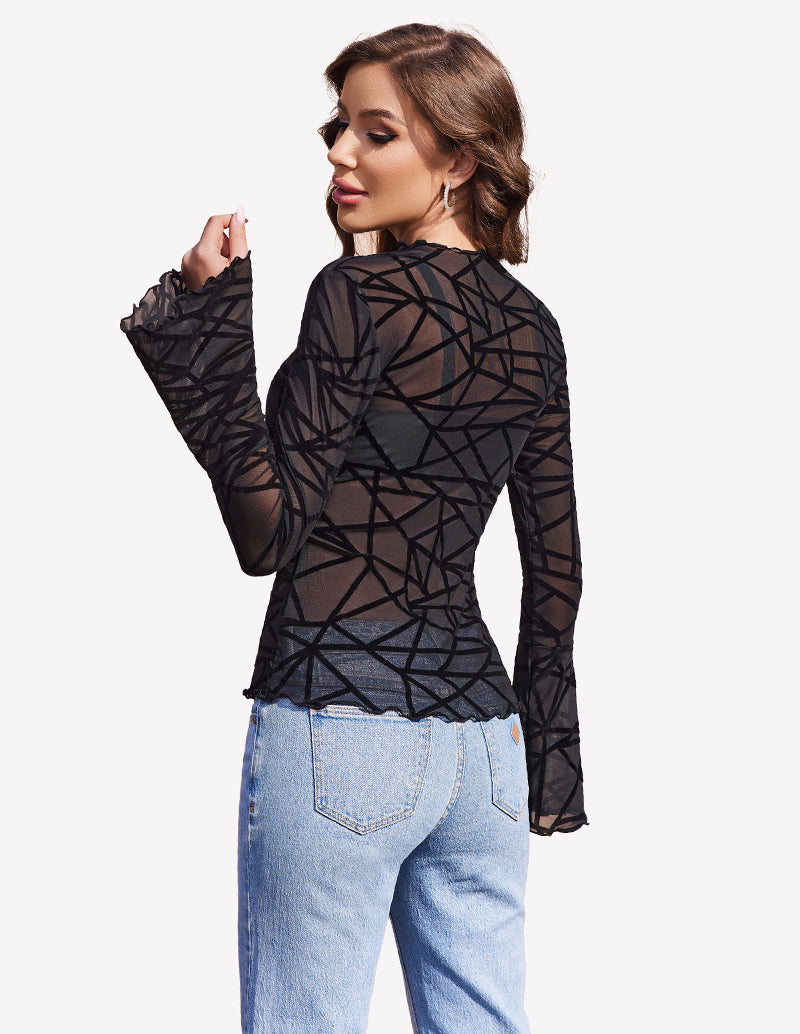 Mesh Tops Long Bell Sleeve Blouses Lingeries-Crop tops - Tophatter Daily Deals