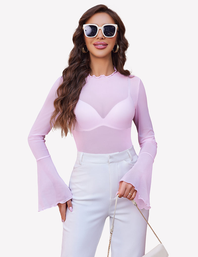 Mesh Tops Long Bell Sleeve Blouses Pink Lingeries-Crop tops - Tophatter Daily Deals