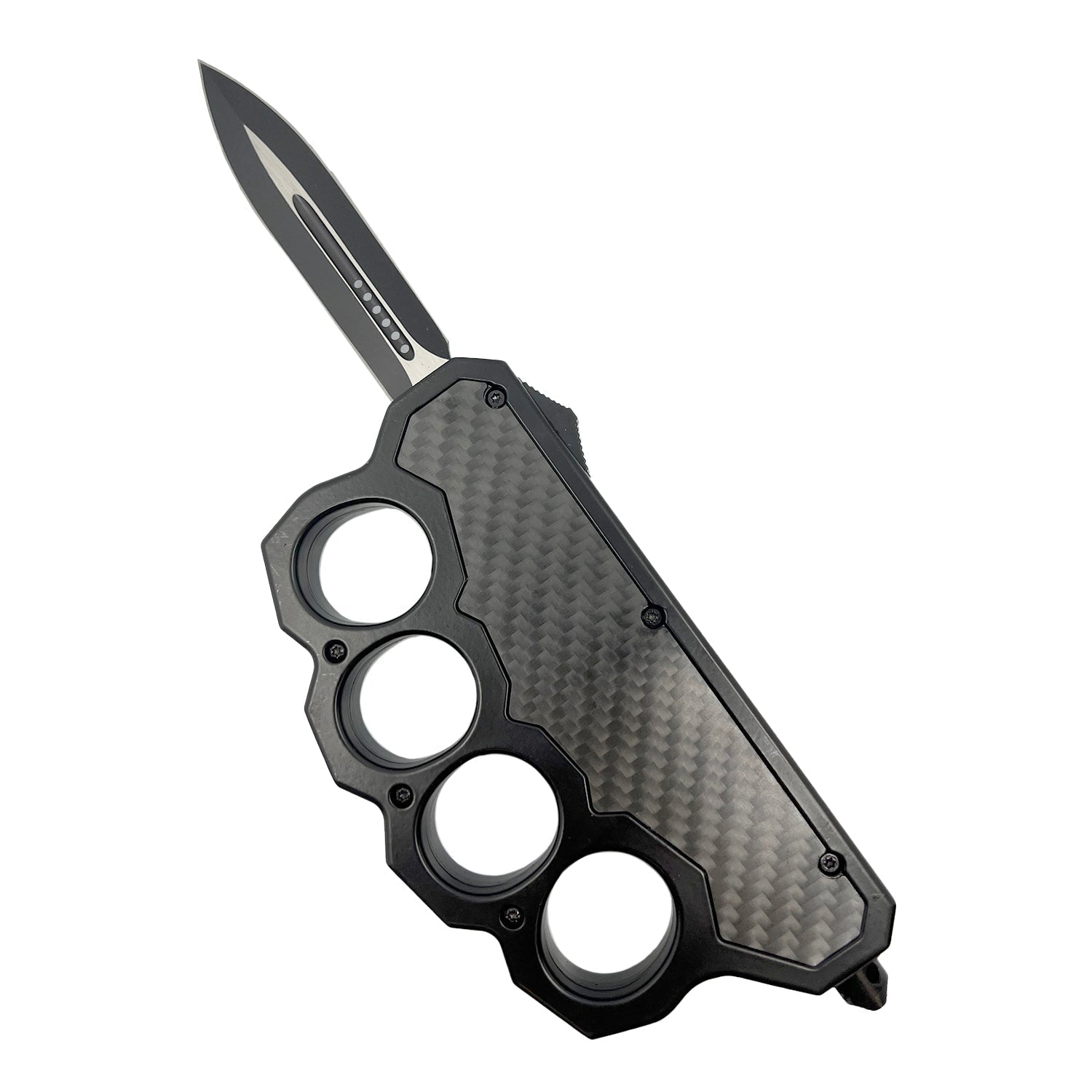 6" OTF Knuckle Knife Black with Carbon Fiber Black Knife - Tophatter Daily Deals