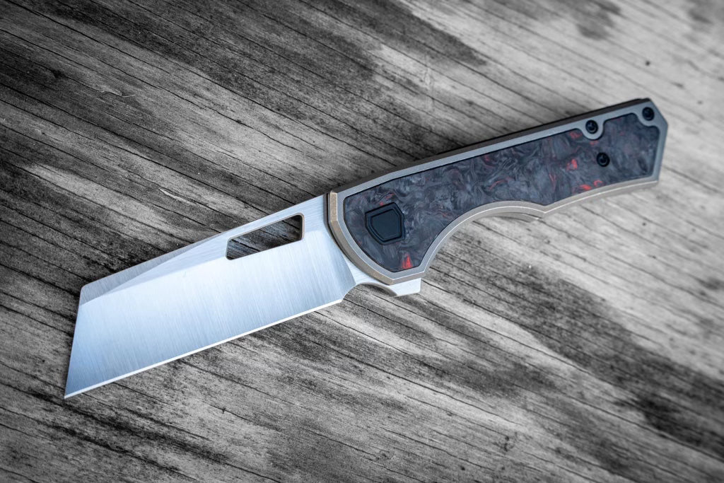 Brian Brown Knives Yeager V3 - St. Nick's Knives Exclusive - M390 Steel - Fat Carbon Red Dark Matter Front Scale - Titanium Handle Knives - Tophatter Daily Deals