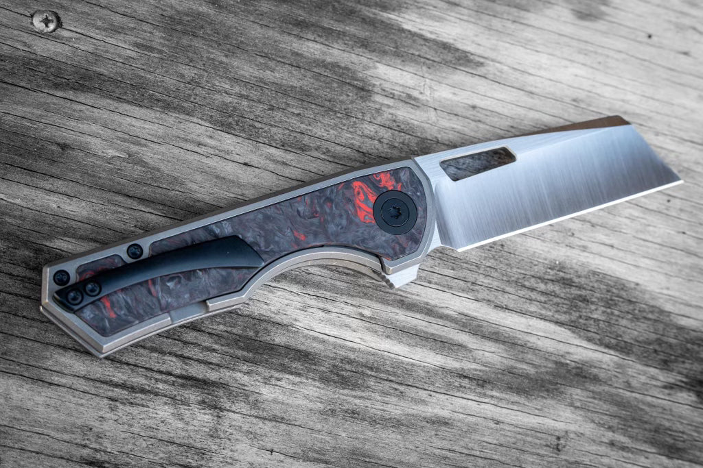 Brian Brown Knives Yeager V3 - St. Nick's Knives Exclusive - M390 Steel - Fat Carbon Red Dark Matter Front Scale - Titanium Handle Knives - Tophatter Daily Deals