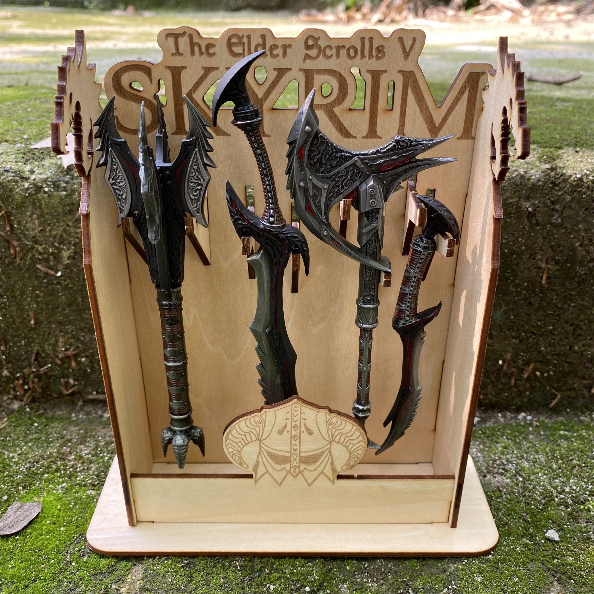 Skyrim One-Hand Daedric Weapons With 3D Wooden Stand - Tophatter Daily Deals