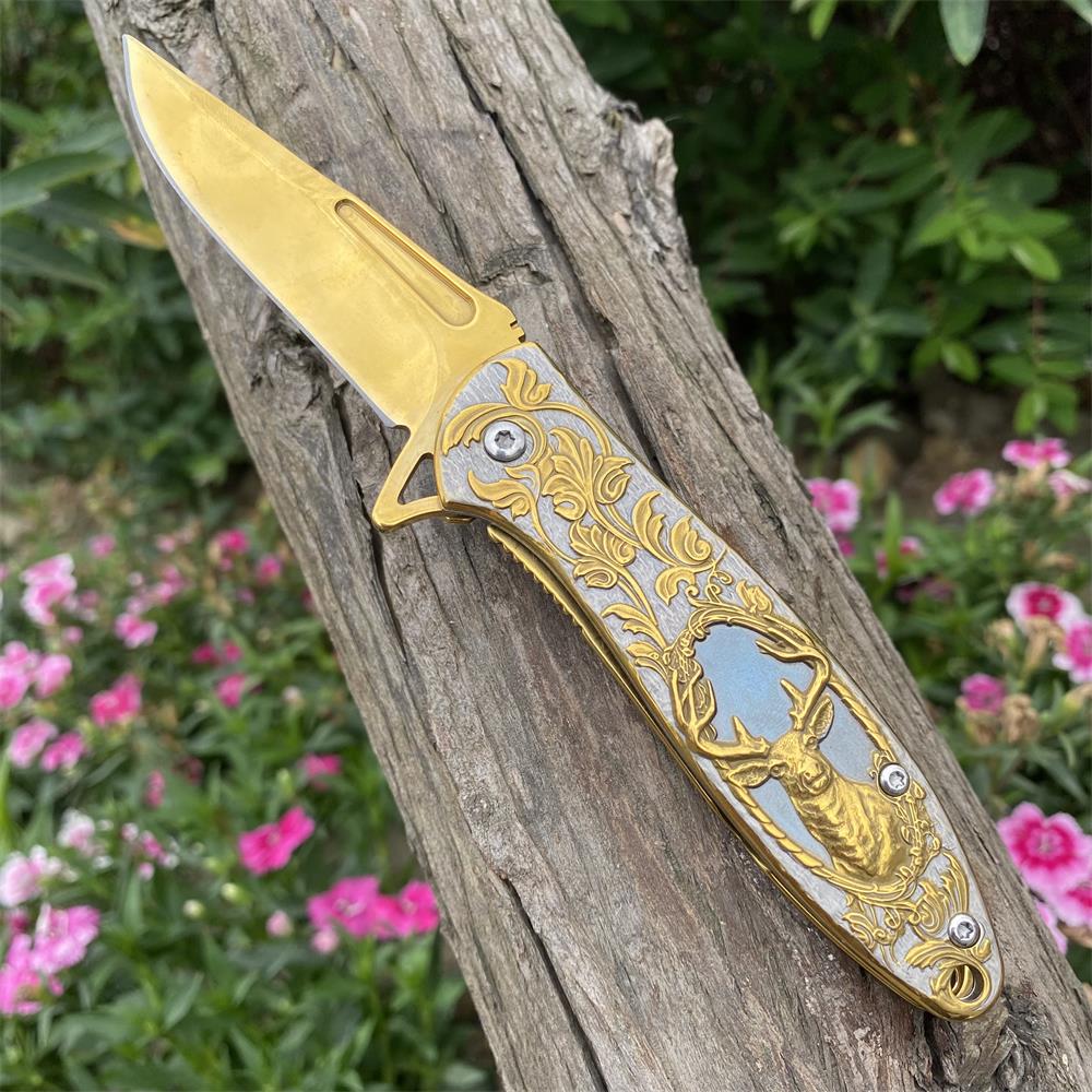 Fantastic Reindeer in the Mirror Folding Knife Golden - Tophatter Daily Deals