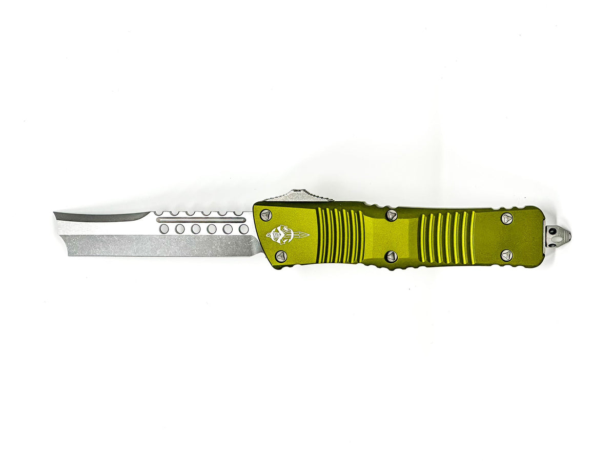 Microtech Combat Troodon - Straight Razor - Apocalyptic Blade - OD Green Handle - Signature Series - 219R-10APODS Automatic Knives - Tophatter Daily Deals