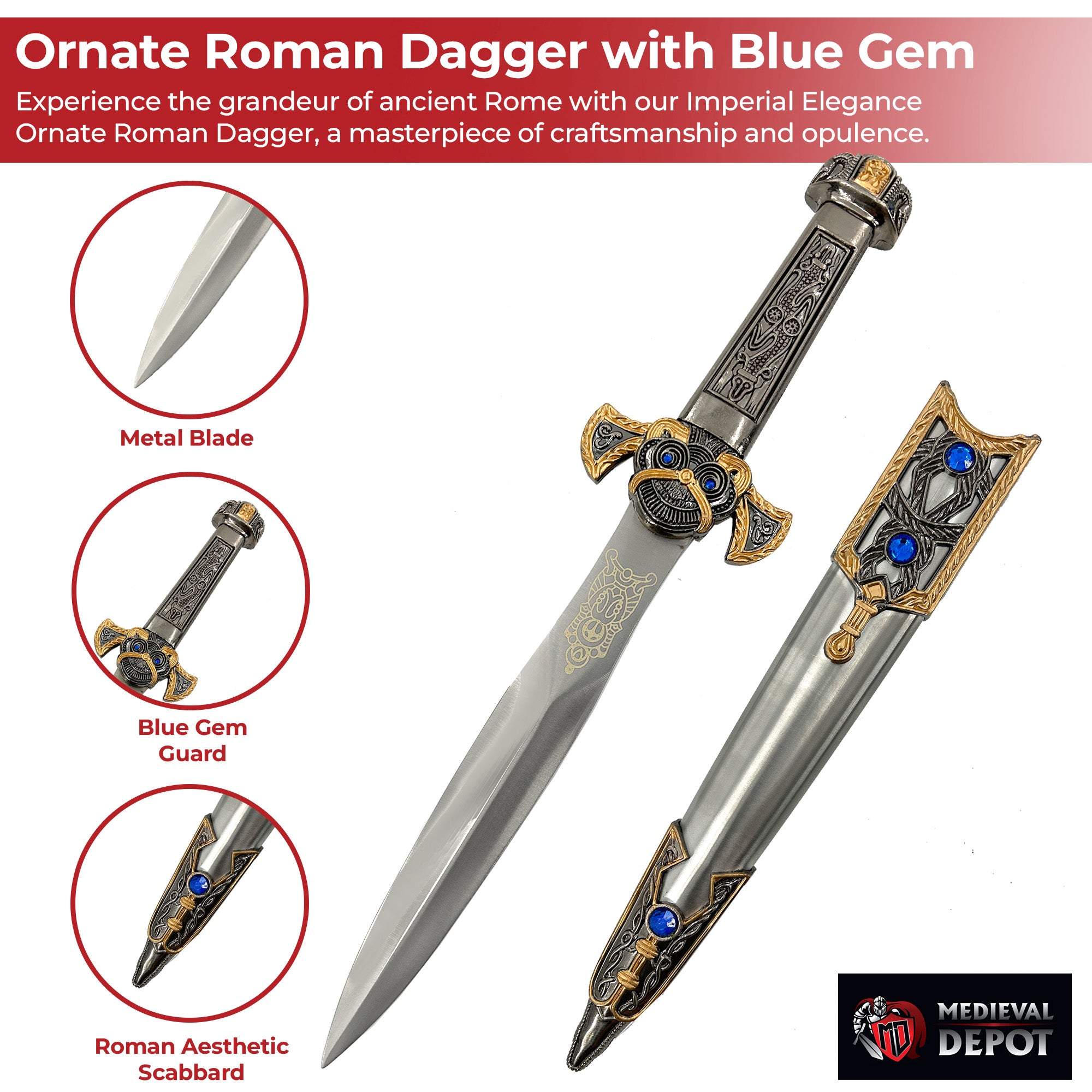Imperial Elegance Ornate Roman Dagger with Blue Gem Accents Dagger - Tophatter Daily Deals