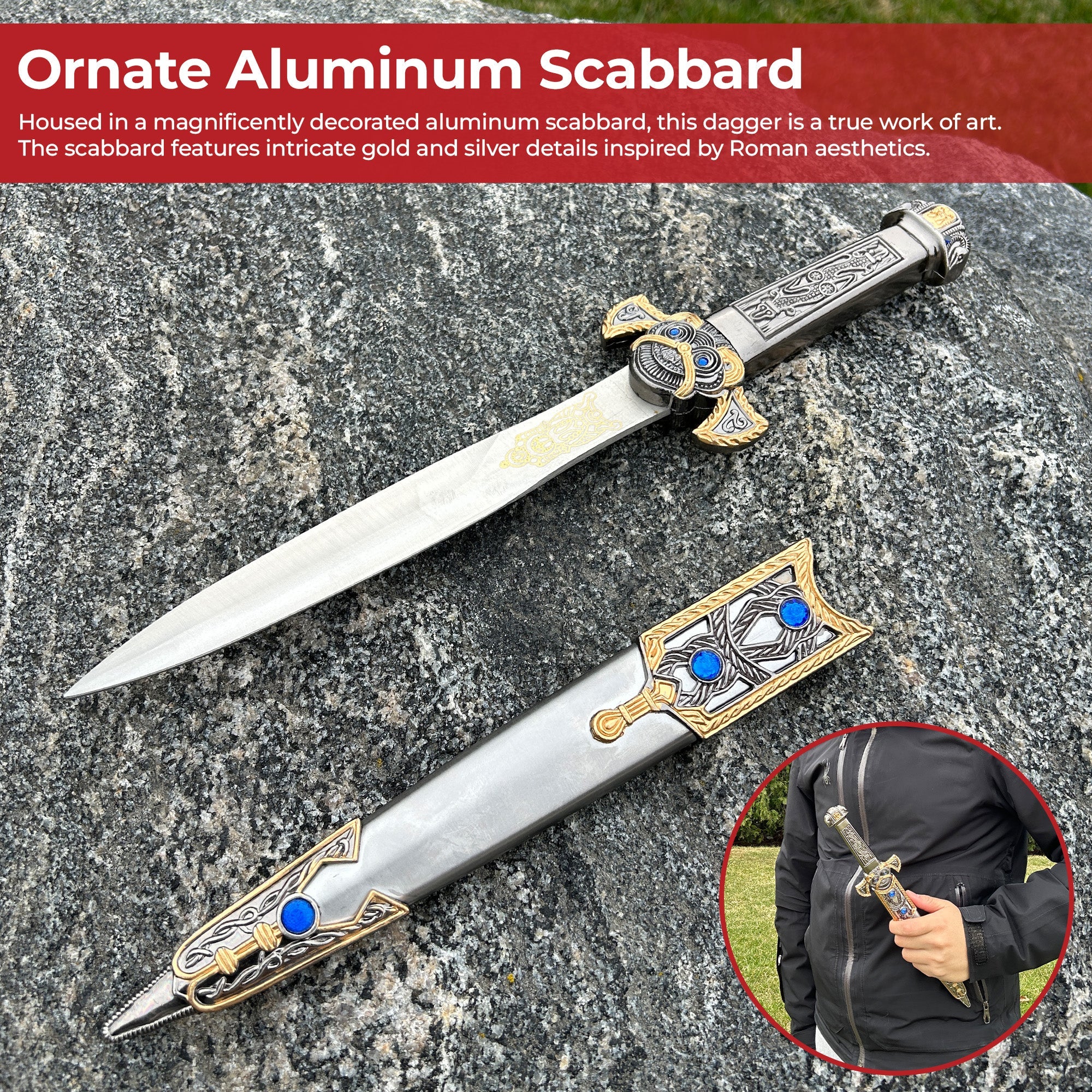 Imperial Elegance Ornate Roman Dagger with Blue Gem Accents Dagger - Tophatter Daily Deals