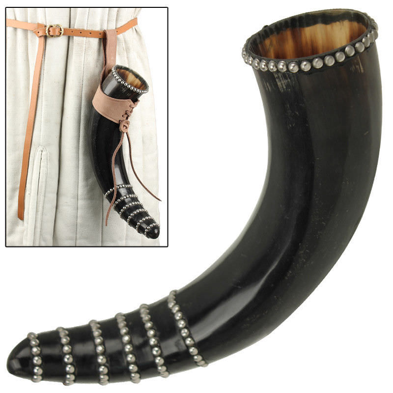 Norman Studded Viking Drinking Bovine Horn Mug Brown Leather Holder Collectible Weapons - Tophatter Daily Deals
