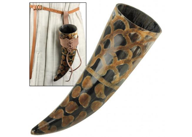 Scales Medieval Drinking Horn with Brown Leather Holder historical period - Tophatter Daily Deals