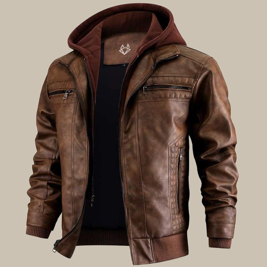 Warm Mens Leather Hooded Jacket - Bomber, Cold Weather Brown - Tophatter Daily Deals