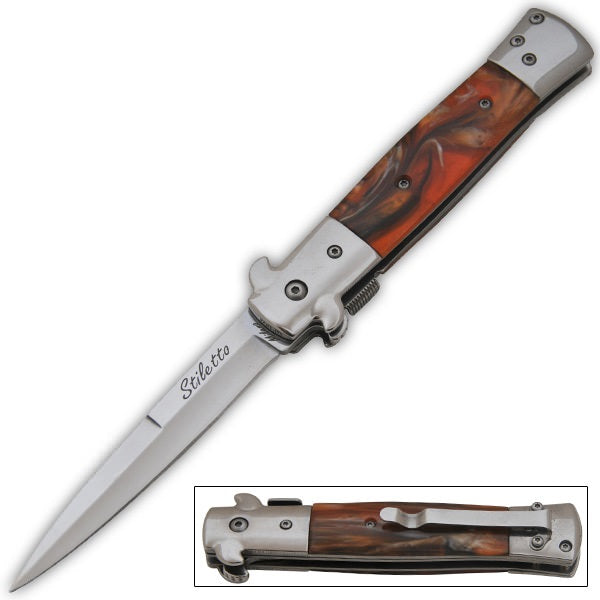 9 Inch Italian Stiletto Tactical Spring Assisted Open Pocket Knife Brown - Tophatter's Guns'N'Weapons Store Collectible Weapons - Tophatter Daily Deals