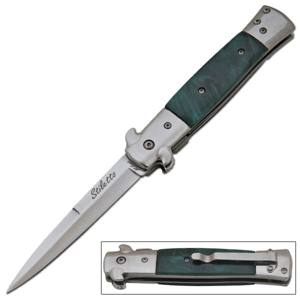 9 Inch Italian Stiletto Tactical Spring Assisted Open Pocket Knife Green - Tophatter's Army Products & Self Defense Collectible Weapons - Tophatter Daily Deals
