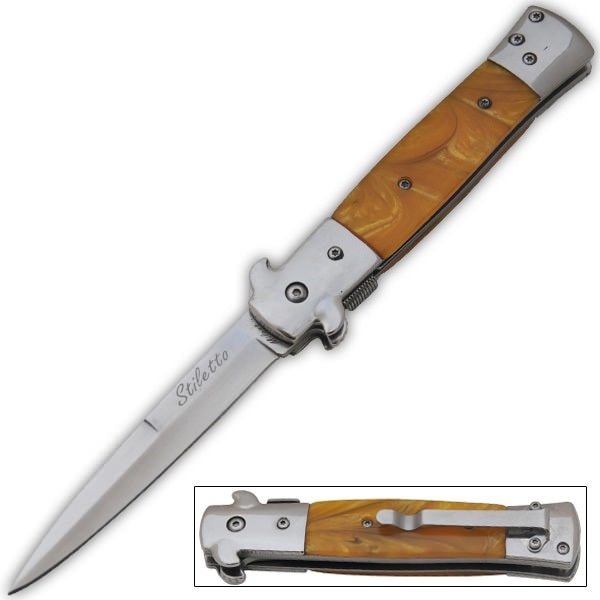 9 Inch Italian Stiletto Tactical Spring Assisted Open Pocket Knife Yellow - Tophatter's Guns'N'Weapons Store Collectible Weapons - Tophatter Daily Deals
