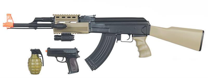 AK-47 Tactical Airsoft AEG Rifle w/ Pistol & BB Grenade ( Tan ) Electric Gun - TOPHATTER'S ARMORY DEALS Collectible Weapons - Tophatter Daily Deals