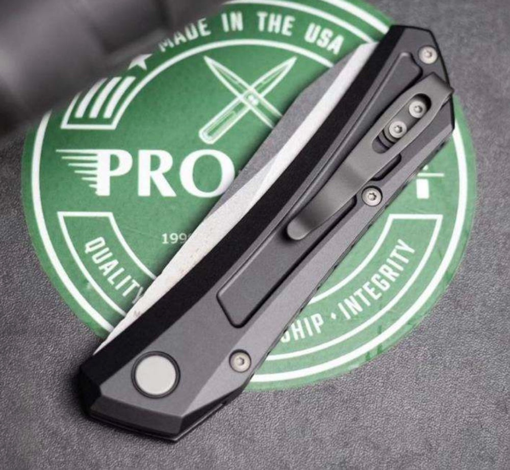 Pro-Tech Knives Oligarch Auto - Black Handle - Stonewashed CPM-Magnacut Blade Automatic Knives - Tophatter Daily Deals