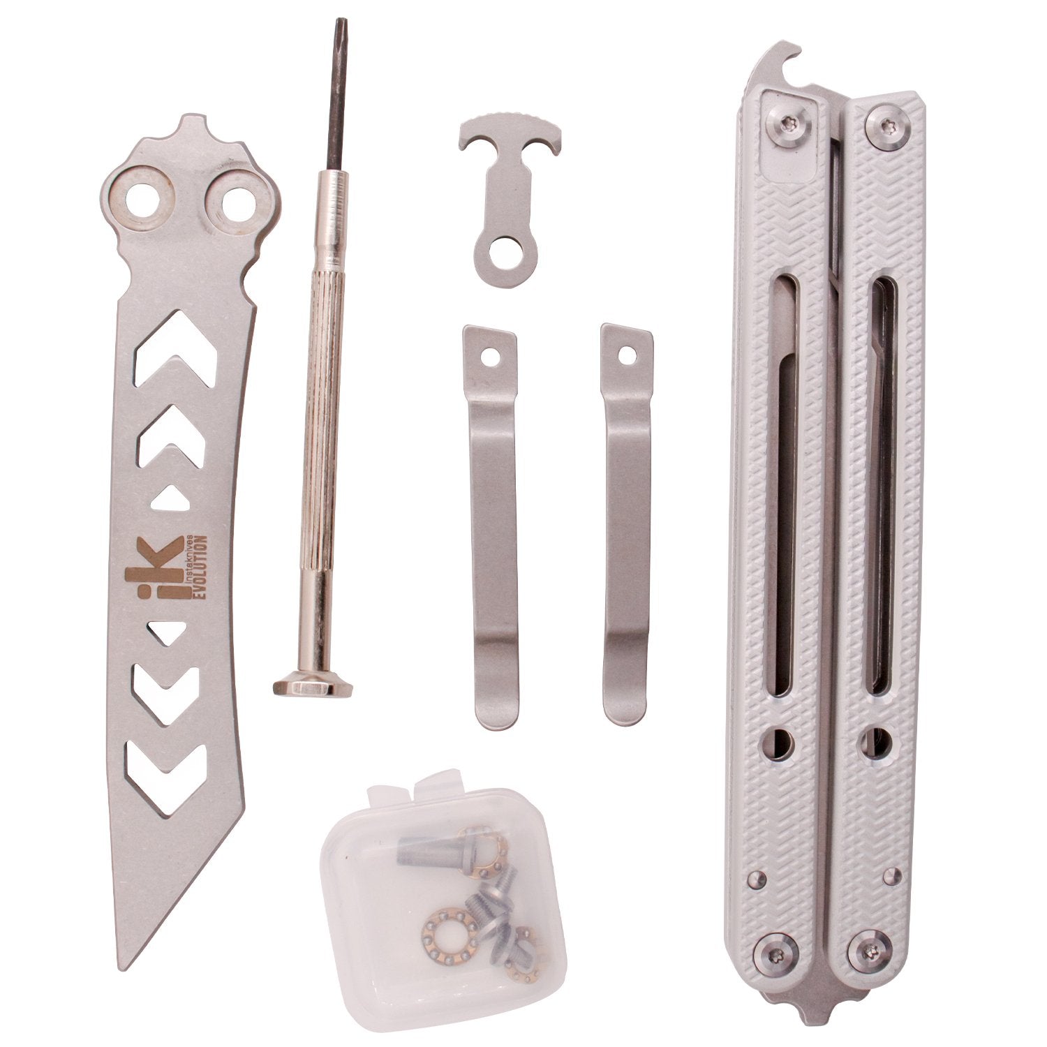Instaknives Aluminum Balisong 2in1 Butterfly Knife w/ Zen Pins - Silver Knife-Balisong - Tophatter Daily Deals