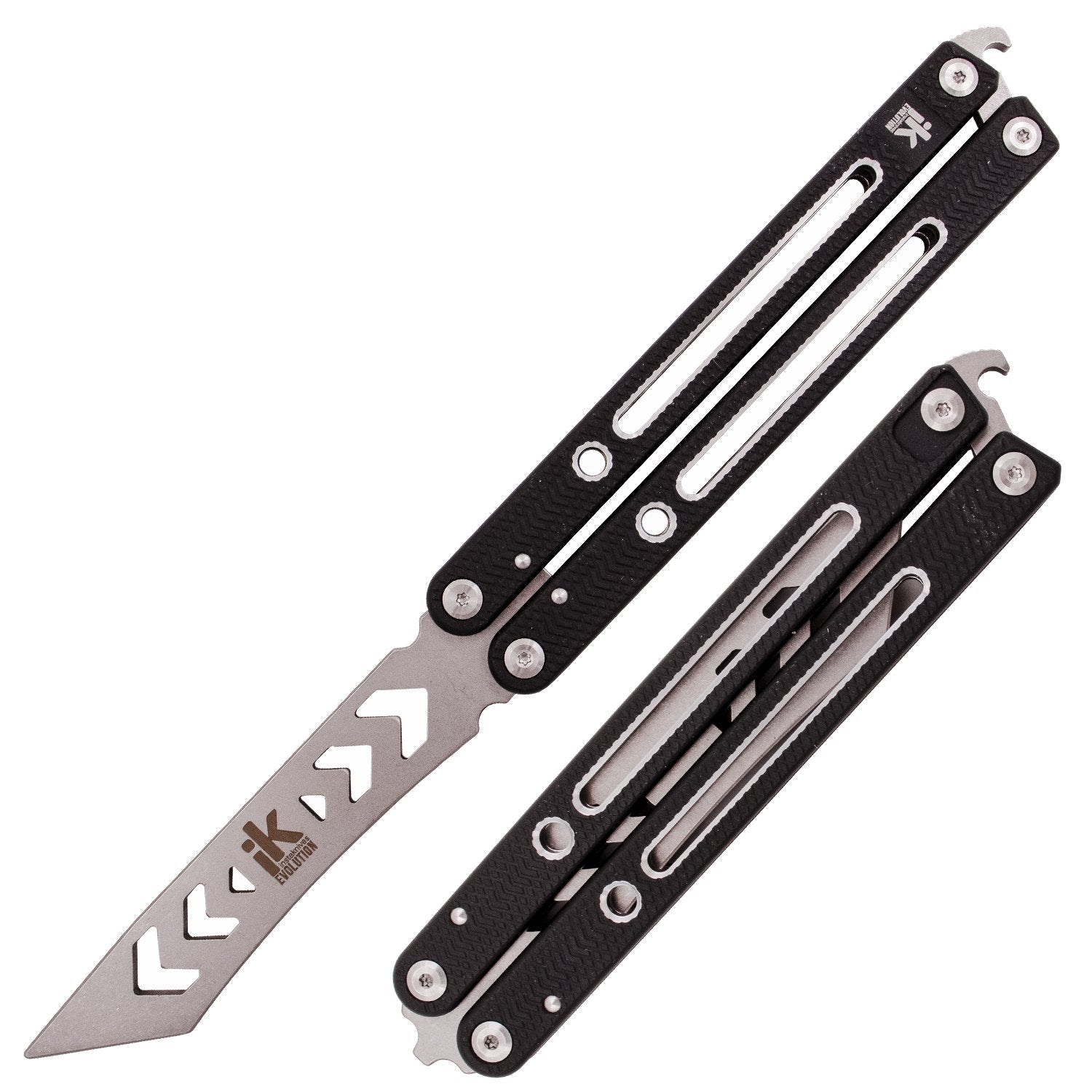 Instaknives Aluminum Balisong 2in1 Butterfly Knife w/ Zen Pins - Silver Black - BOTH blades Knife-Balisong - Tophatter Daily Deals