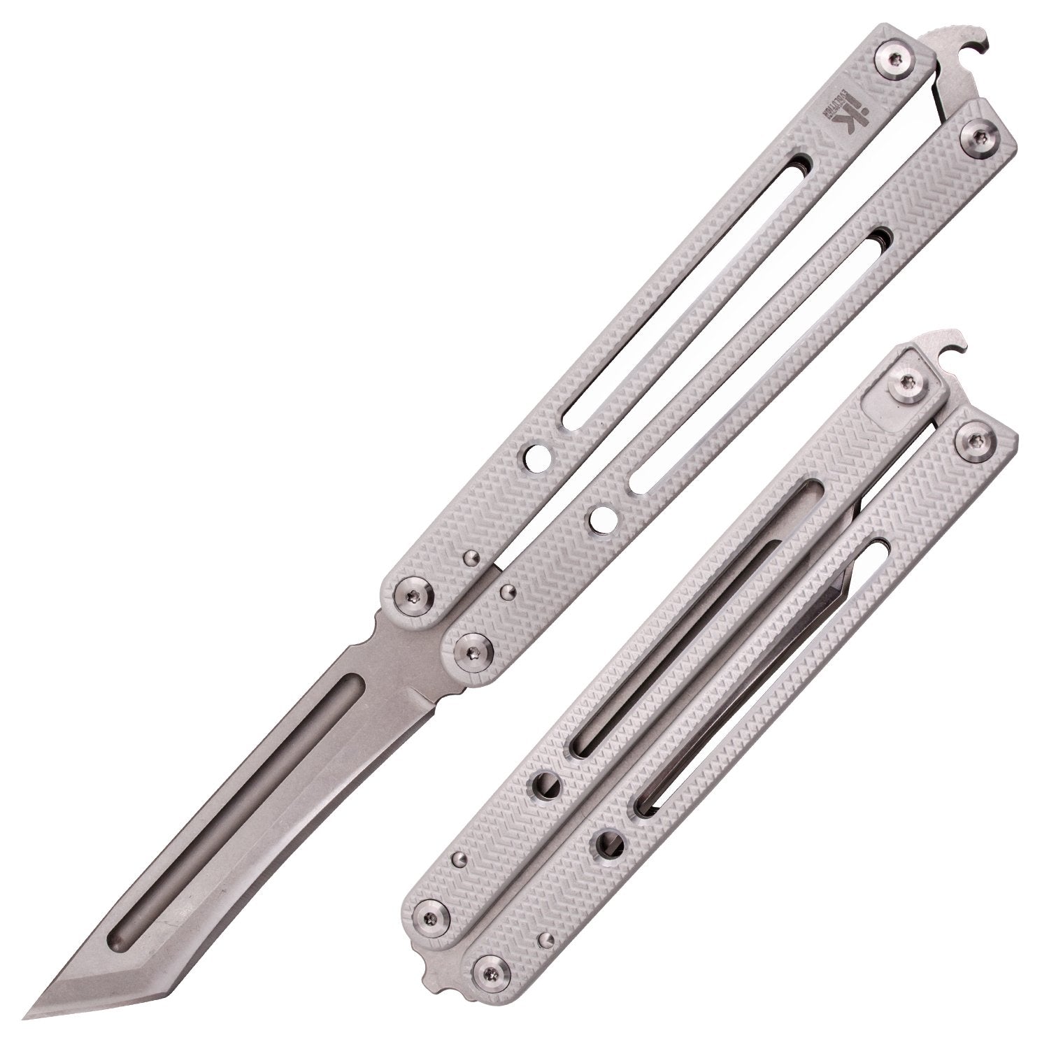 Instaknives Aluminum Balisong 2in1 Butterfly Knife w/ Zen Pins - Silver Knife-Balisong - Tophatter Daily Deals