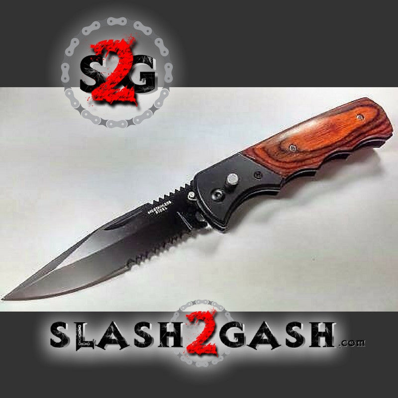 Intimidator Rosewood Grip Automatic Knife Serrated w/ Saftey Lock Knife-Auto - Tophatter Daily Deals