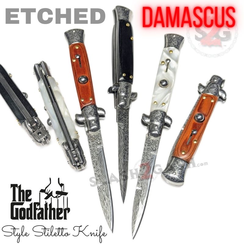 Godfather Stiletto Knife Italian Style Automatic Classic Switchblade Etched Damascus - White Pearl Knife-Auto - Tophatter Daily Deals