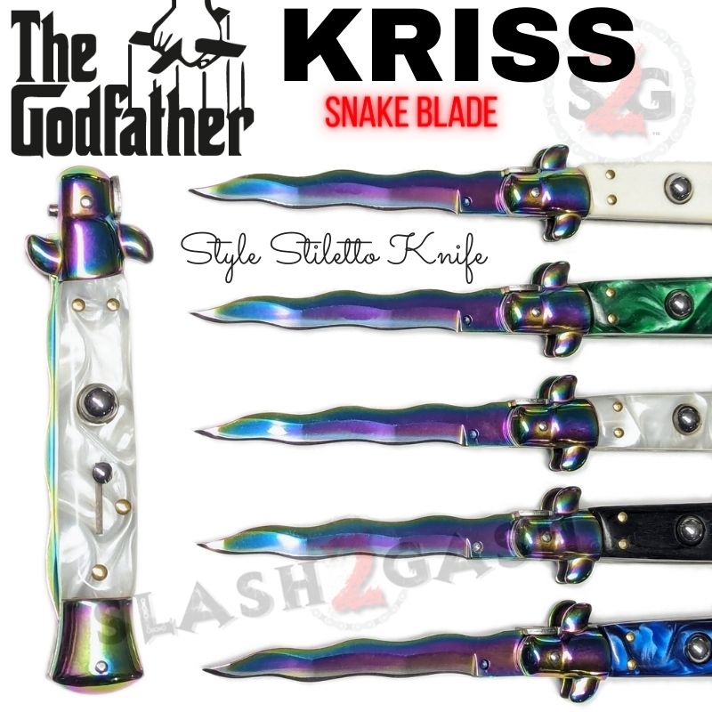 Italian Stiletto Automatic Knife KRISS Switchblade - Snake Blade Wavy Rainbow - White Pearl Knife-Auto - Tophatter Daily Deals