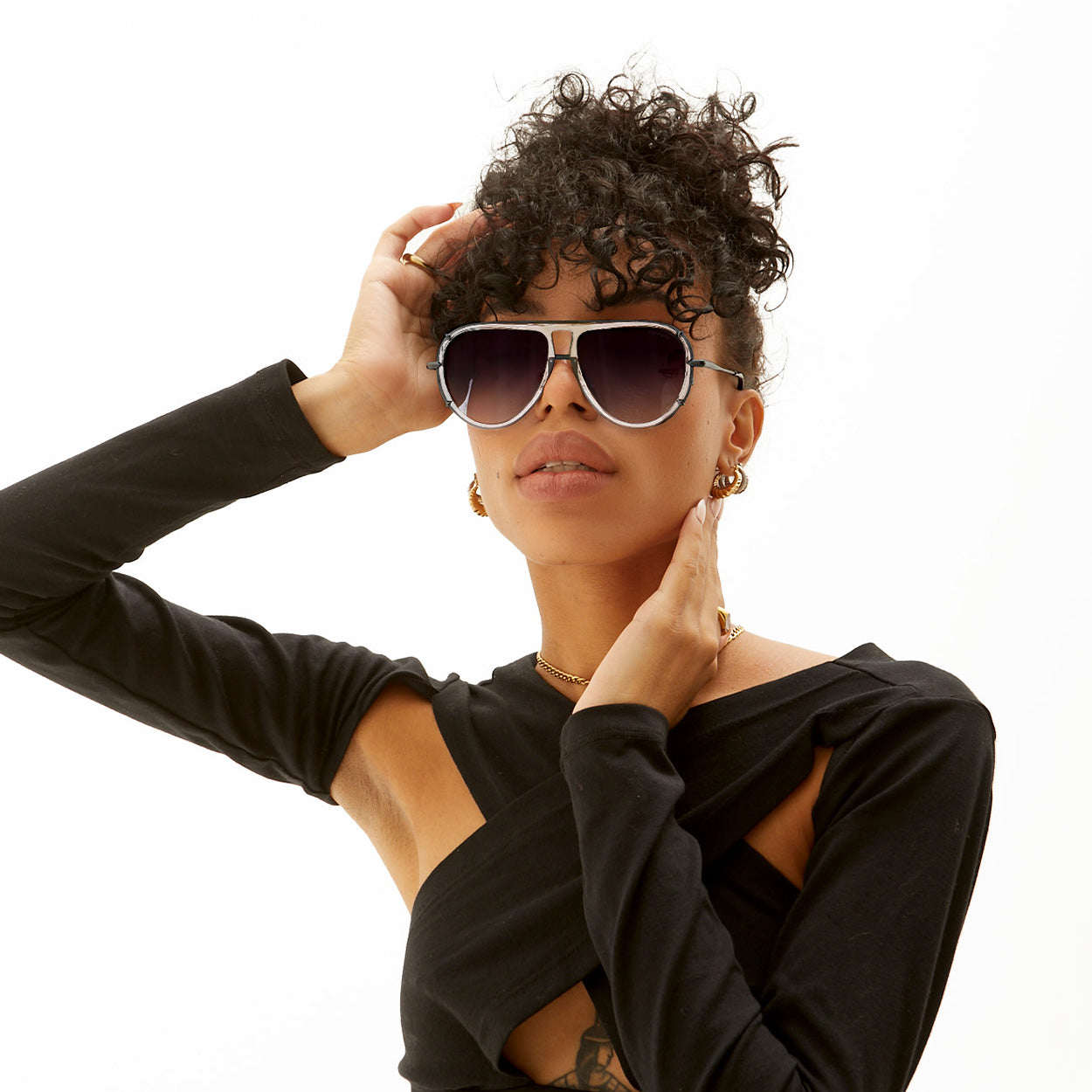 TopFoxx Ivy Luxe - Clear Black Tangle-Free Unisex Round Aviator Sunglasses Sunglasses - Tophatter Daily Deals