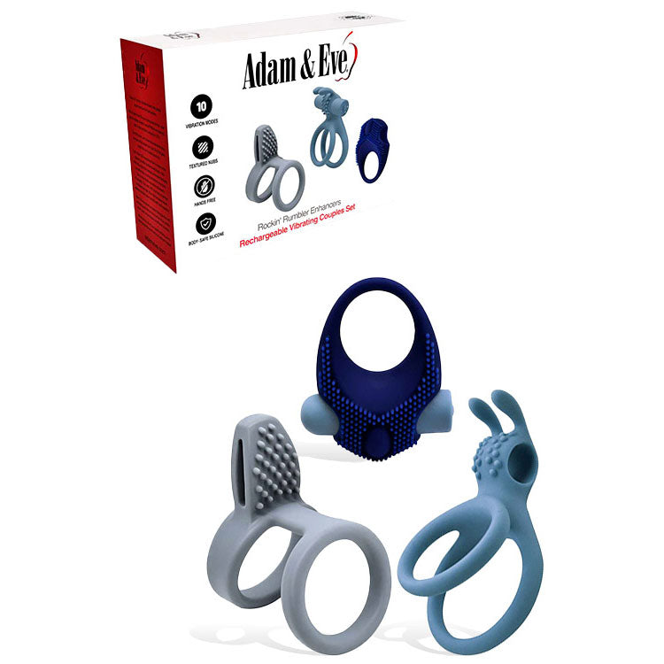 Adam & Eve Rockin Rumbler Enhancers – Rechargeable Silicone Cock Rings Set of 3 > Cock Ring > Vibrating - Tophatter Daily Deals