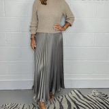 Soft Flowy Women’s Sweater Skirt Set - Pleated Maxi, Satin Beige - Tophatter Daily Deals