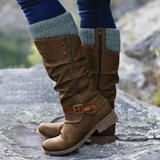 Warm Cozy Women Knee-High Boots - Buckle Knit Cuff, Suede Brown - Tophatter Daily Deals