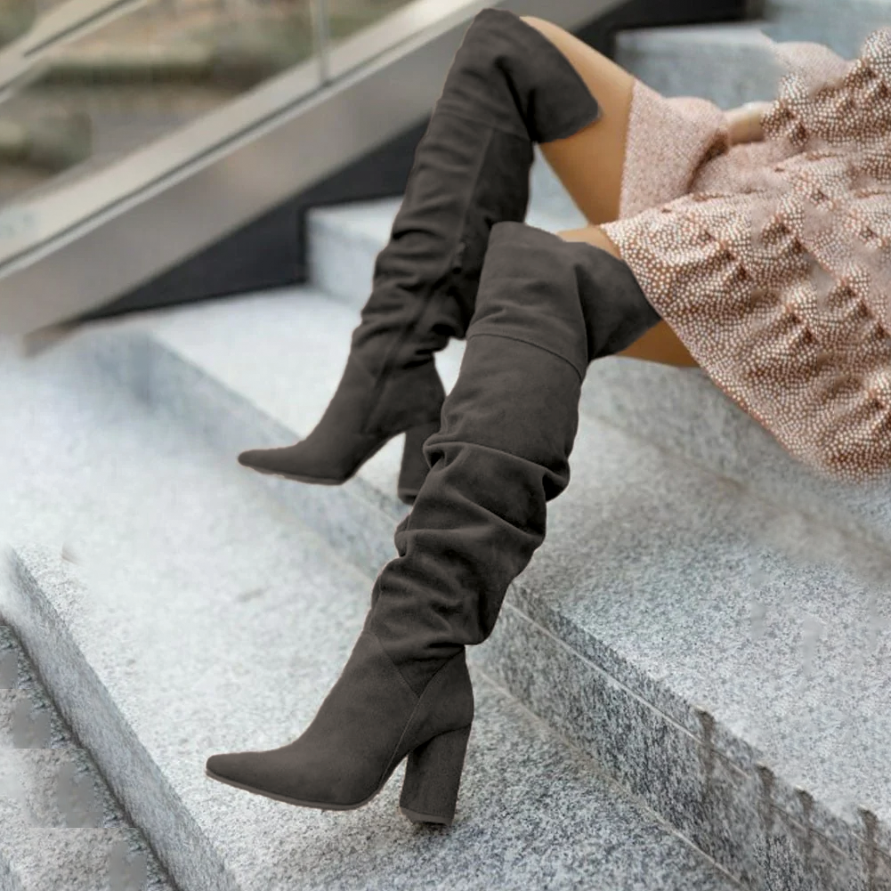Supportive Women Thigh-High Boots - Slouchy, Suede Autumn Dark Gray - Tophatter Daily Deals