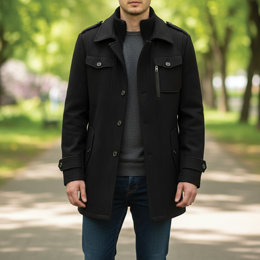 Warm Men's Coat - Tailored Mid Thigh, Wool Blend, Commuting Black - Tophatter Daily Deals