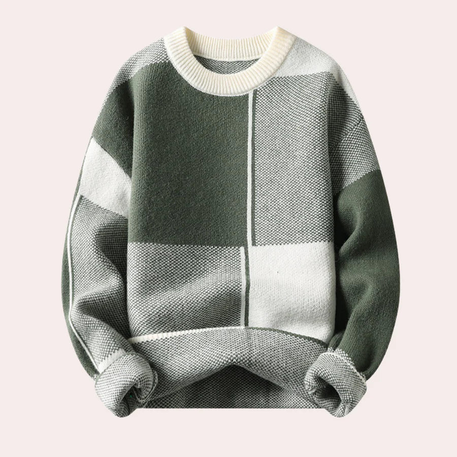 Warm Men’s Sweater - Oversized Check Crewneck, Cotton Green - Tophatter Daily Deals
