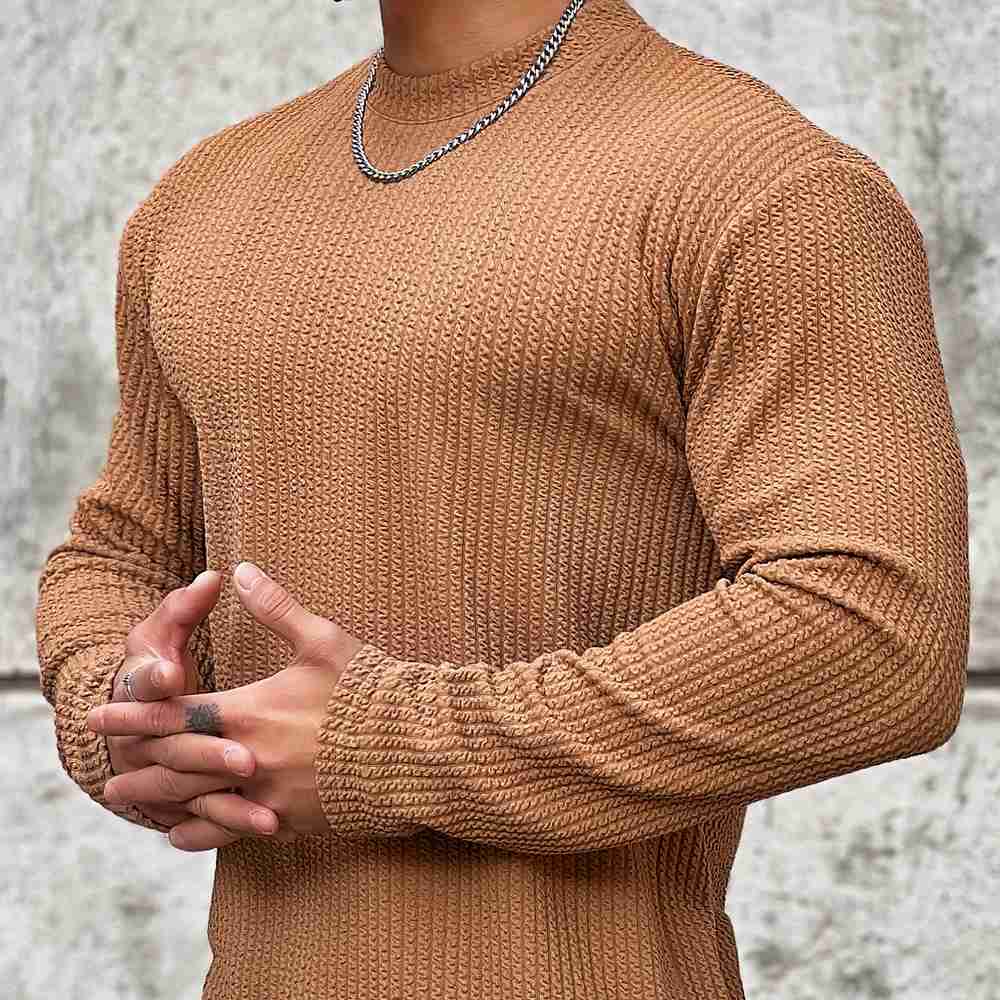 Moisture-Wicking Men Fitness Pullover - Body-Hugging Rib Khaki - Tophatter Daily Deals